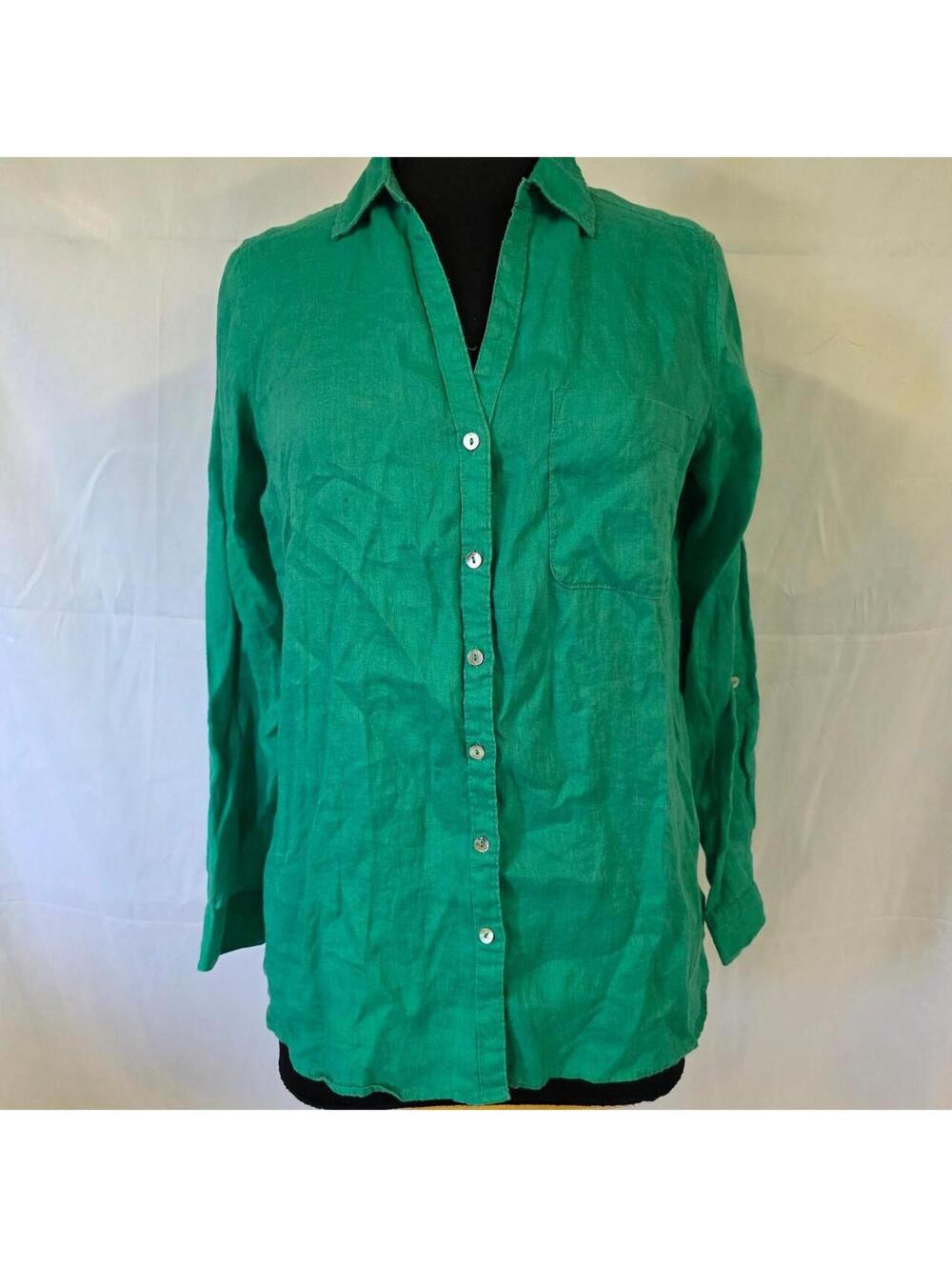 Green linen button-up shirt with long sleeves
